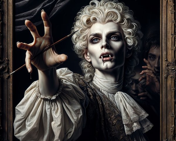 Pale Figure in Ornate Outfit with Vampire Theme