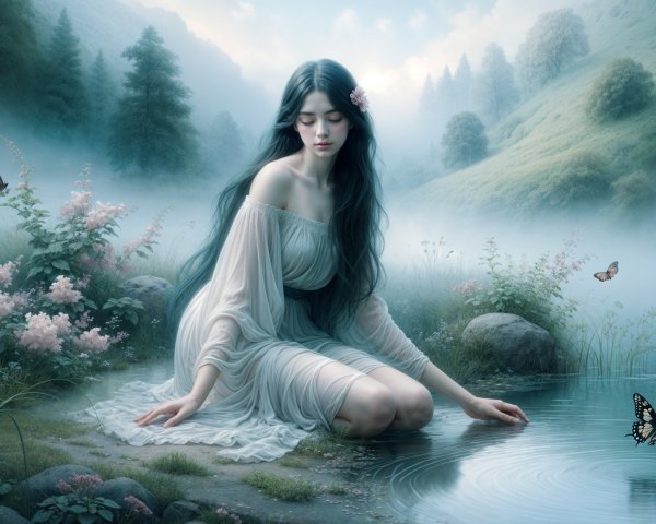 Young Woman by Tranquil Lake in Lush Greenery