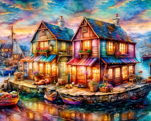 Vibrant Seaside Village at Sunset with Charming Docks