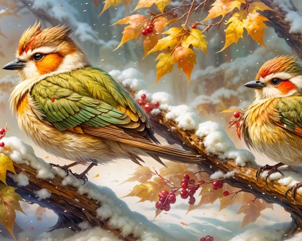 Colorful Birds on Snowy Branches with Autumn Leaves