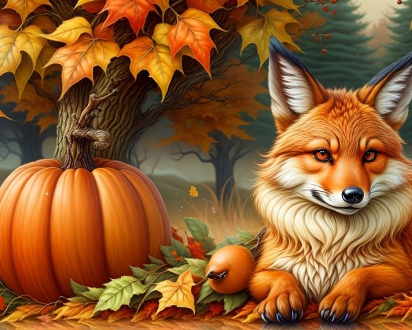 Autumn Scene with Fox and Vibrant Pumpkin