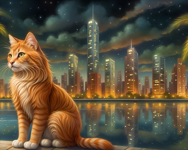 Orange Cat on Dock Overlooking City Skyline at Night