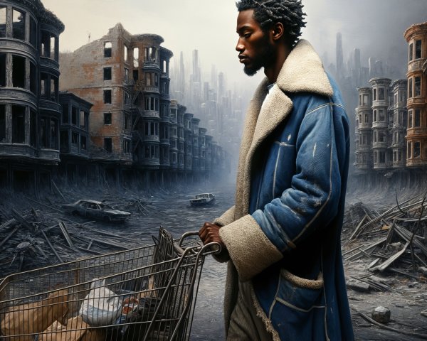 Desolate Urban Landscape with a Man and Shopping Cart