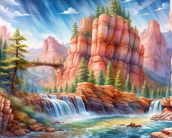 Picturesque Landscape with Red Rocks and Waterfalls