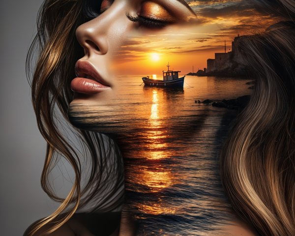 Double Exposure of Woman's Profile and Sunset Scene