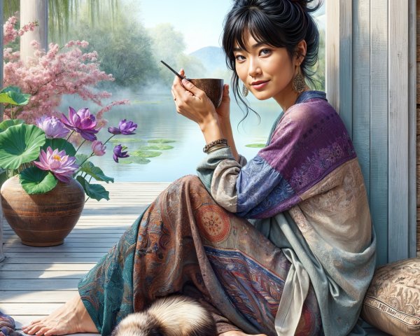 Serene Woman by Tranquil Lakeside with Lotus Flowers