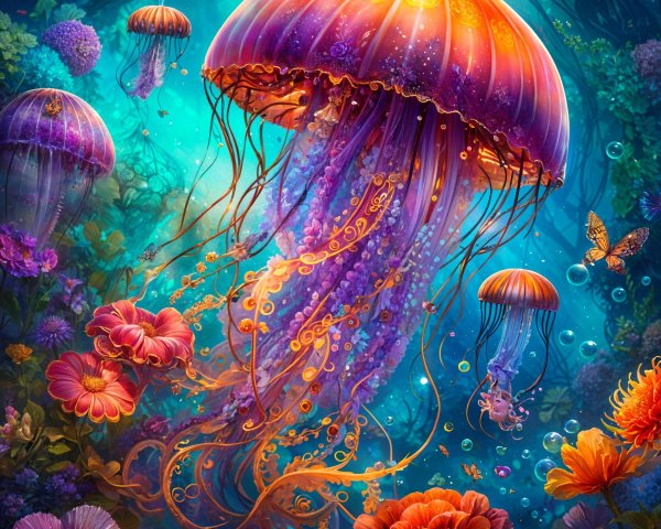 Vibrant Underwater Scene with Jellyfish and Coral