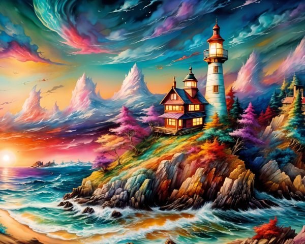 Vibrant Seascape with Lighthouse and Sunset Colors