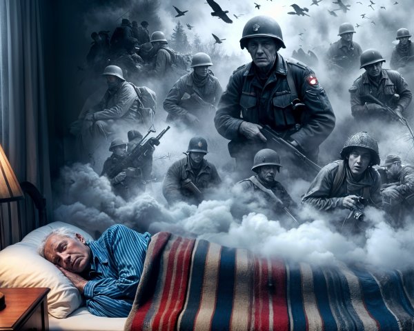 Elderly Man Sleeping Under Mural of WWII Soldiers