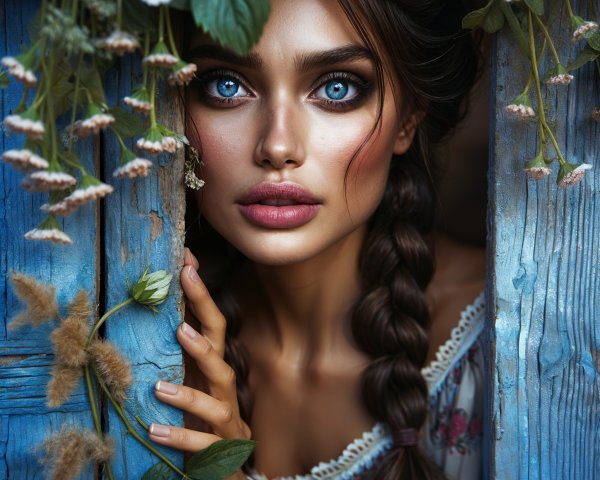 Young Woman with Blue Eyes in Floral Setting