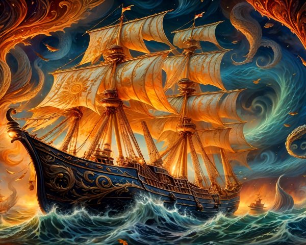 Majestic Sailing Ship with Golden Sails in Stormy Sea