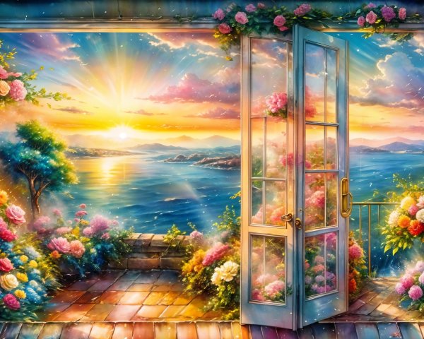 Vibrant Balcony Landscape with Sea and Mountains