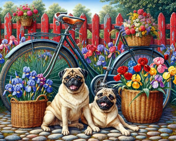 Playful Pugs by Bicycle in a Colorful Garden Scene