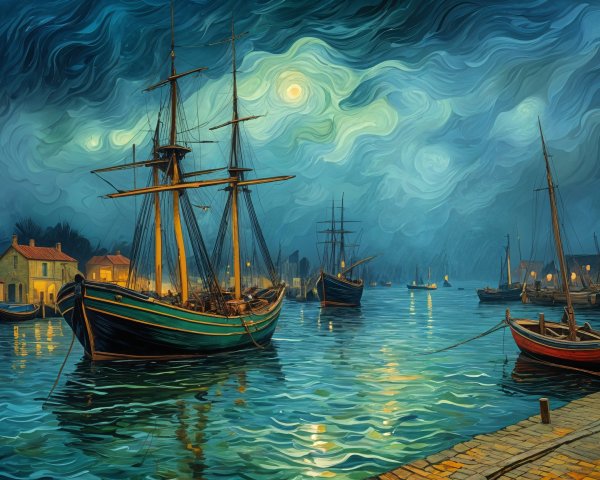 Serene Nighttime Harbor with Sailing Ships and Moonlight