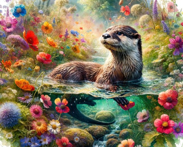 Otter Swimming in Clear Water Surrounded by Flowers