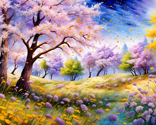 Vibrant Spring Landscape with Cherry Blossoms and Wildflowers