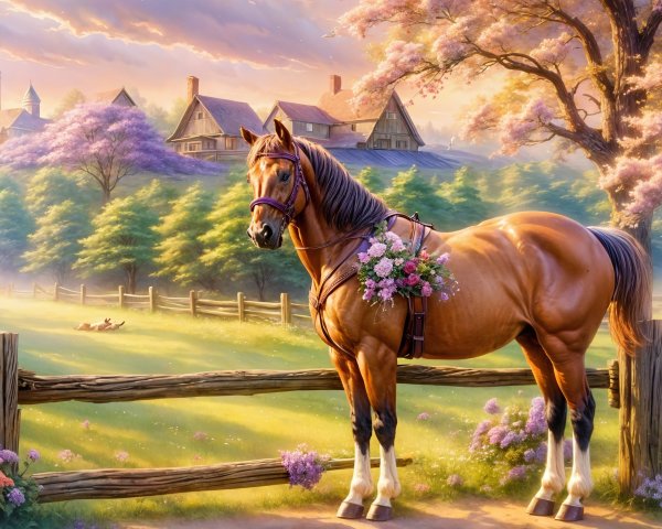 Majestic Brown Horse by Rustic Fence at Sunset