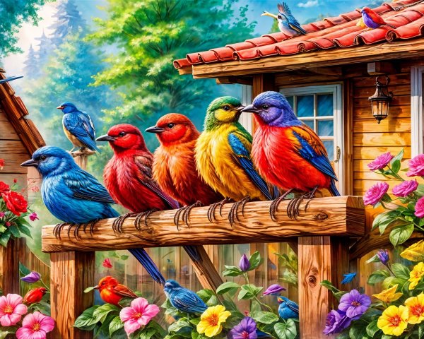 Rustic Wooden House Amidst Lush Greenery and Birds