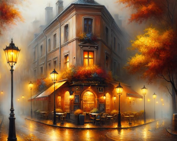 Illuminated café in autumn colors at street corner