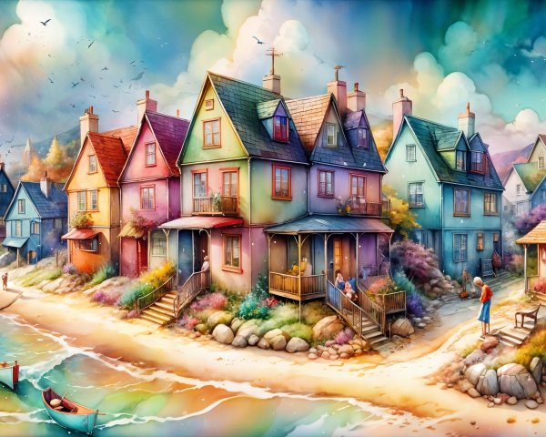 Charming Seaside Scene with Colorful Houses and Boats