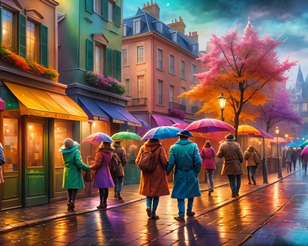 Vibrant Street Scene with Colorful Buildings and Umbrellas