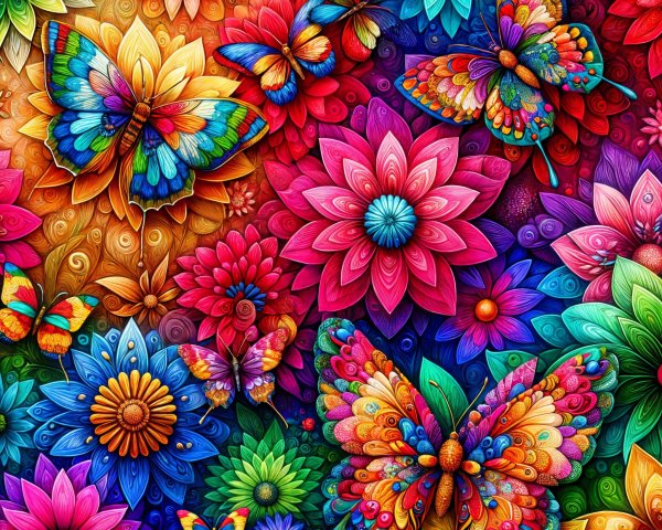 Colorful Flowers and Butterflies in Vibrant Tapestry