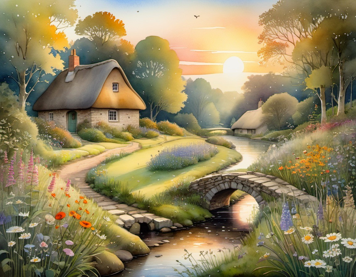 Charming cottage by stream with stone bridge at sunset