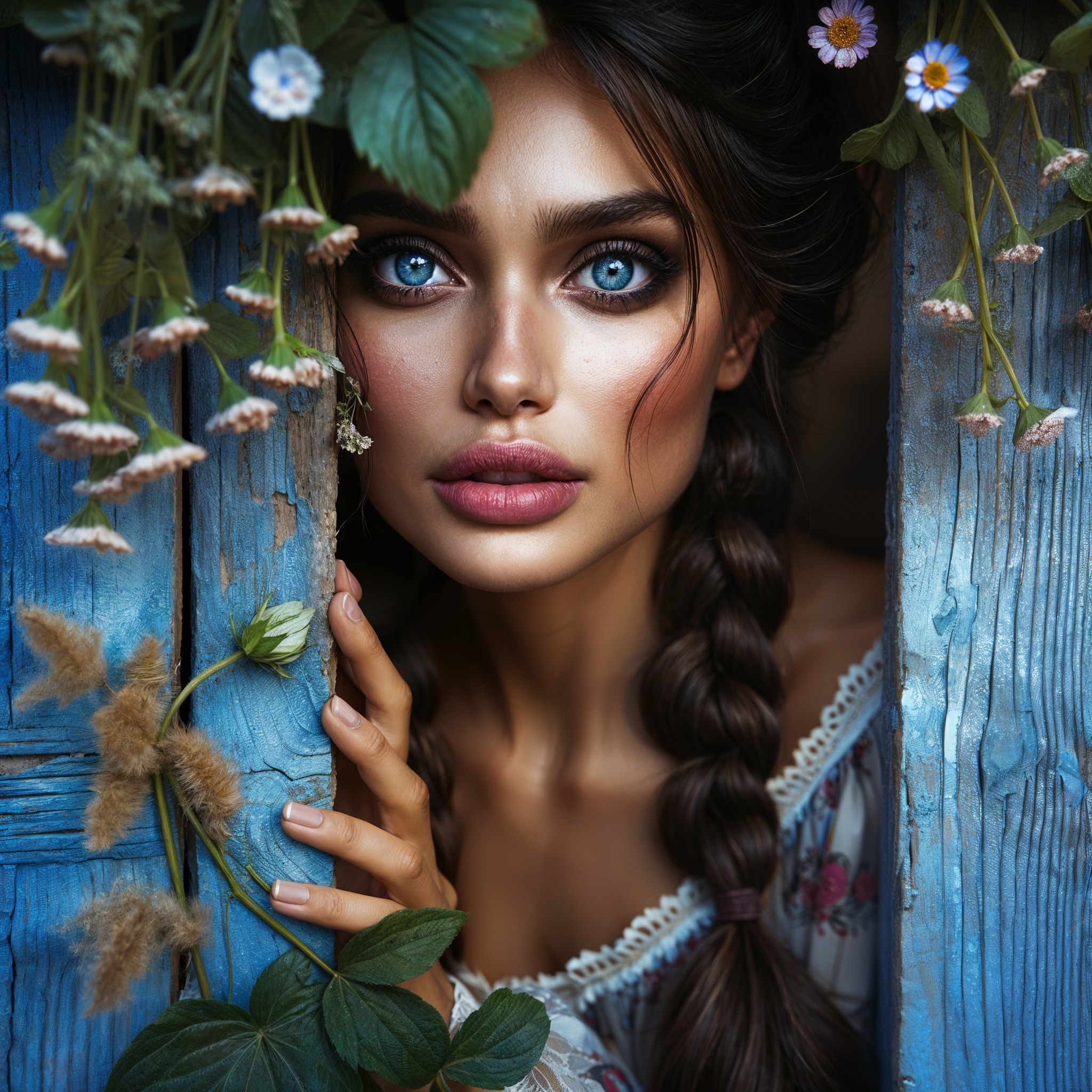 Young Woman with Blue Eyes in Floral Setting
