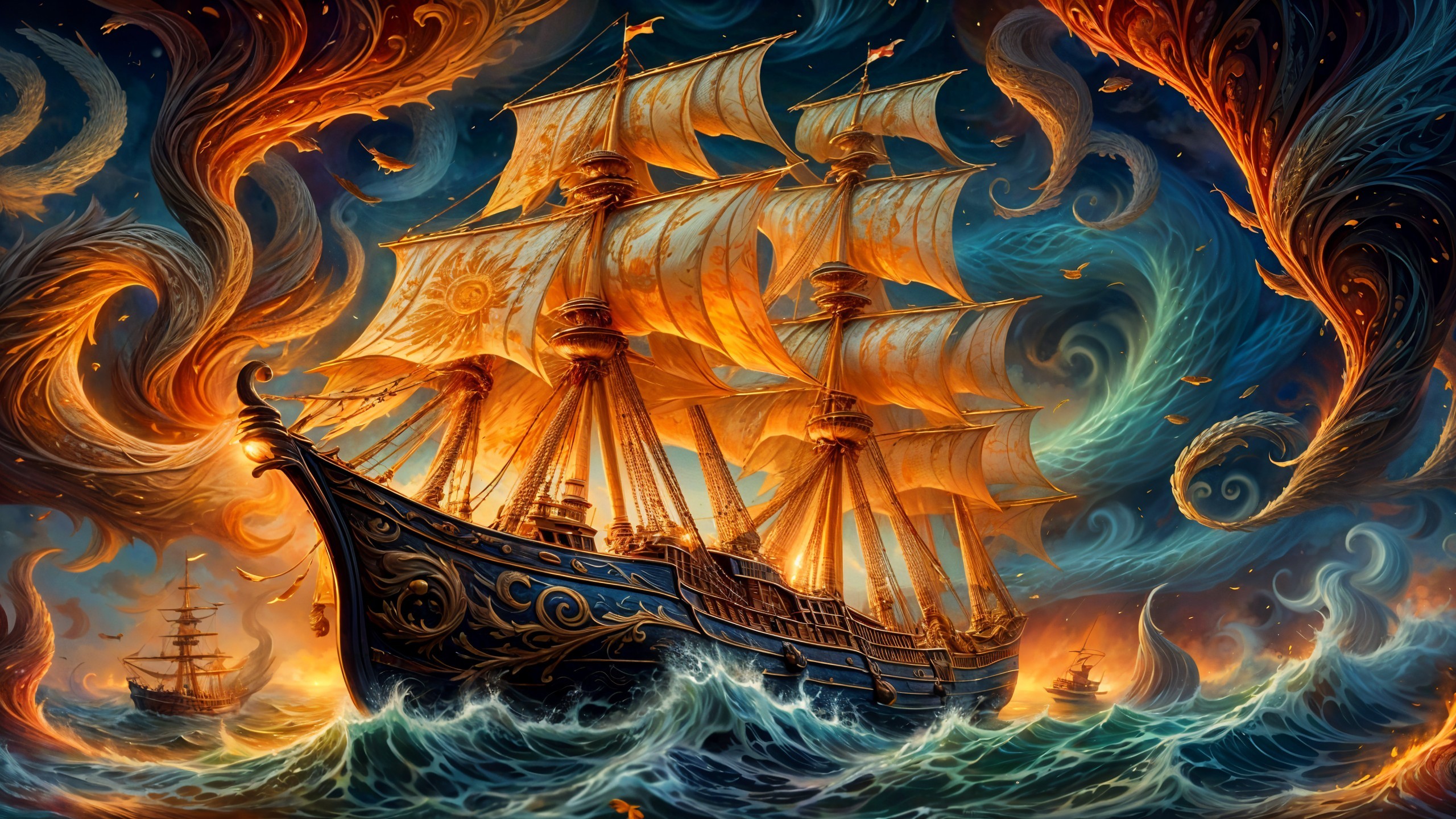 Majestic Sailing Ship with Golden Sails in Stormy Sea