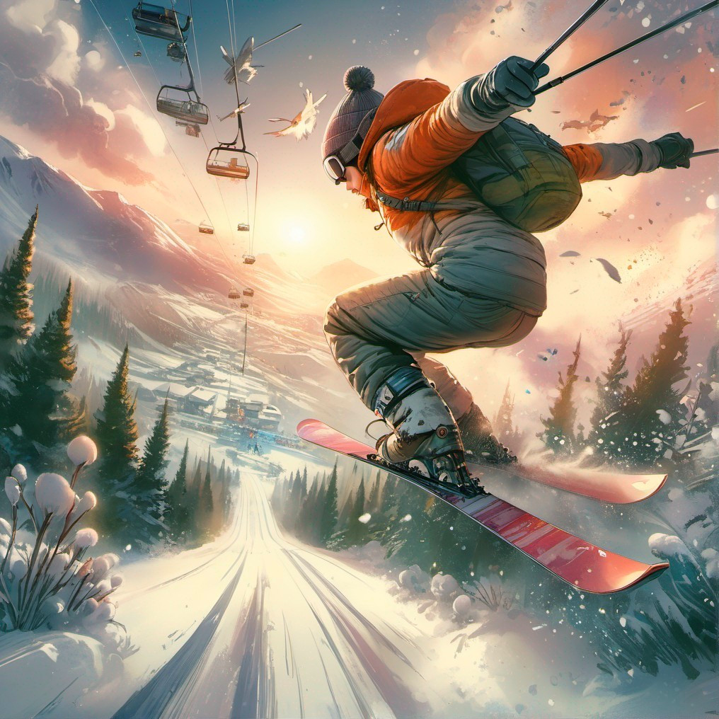 Snowboarder Mid-Jump at Scenic Sunset Mountain Slope