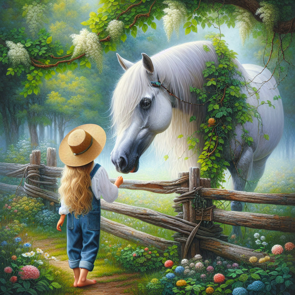 Young Girl and White Horse in Serene Forest Clearing
