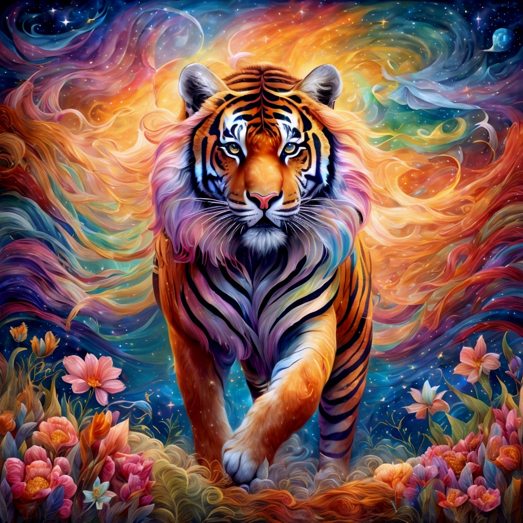 Colorful Tiger Walking in Cosmic Floral Background