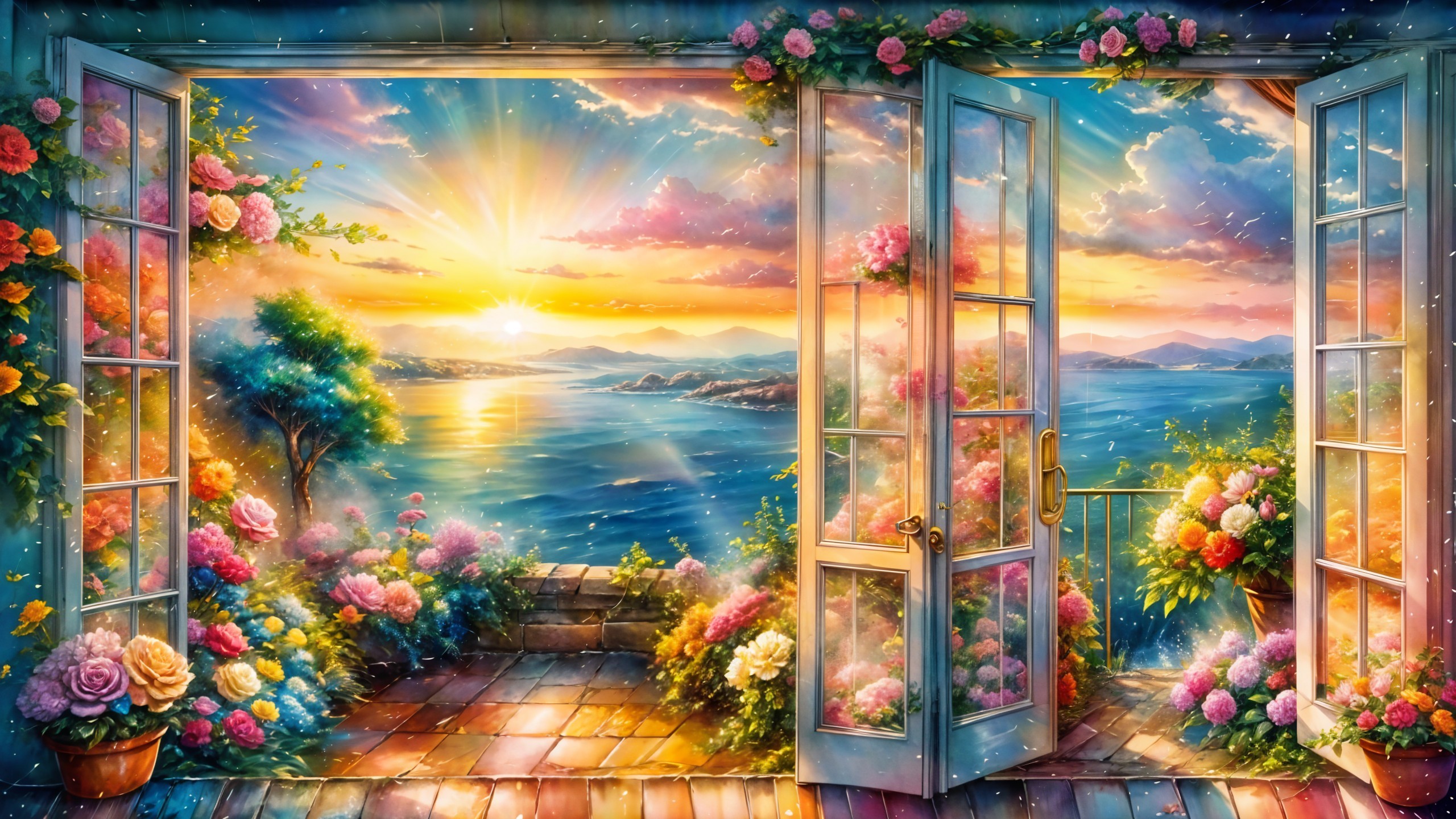 Vibrant Balcony Landscape with Sea and Mountains