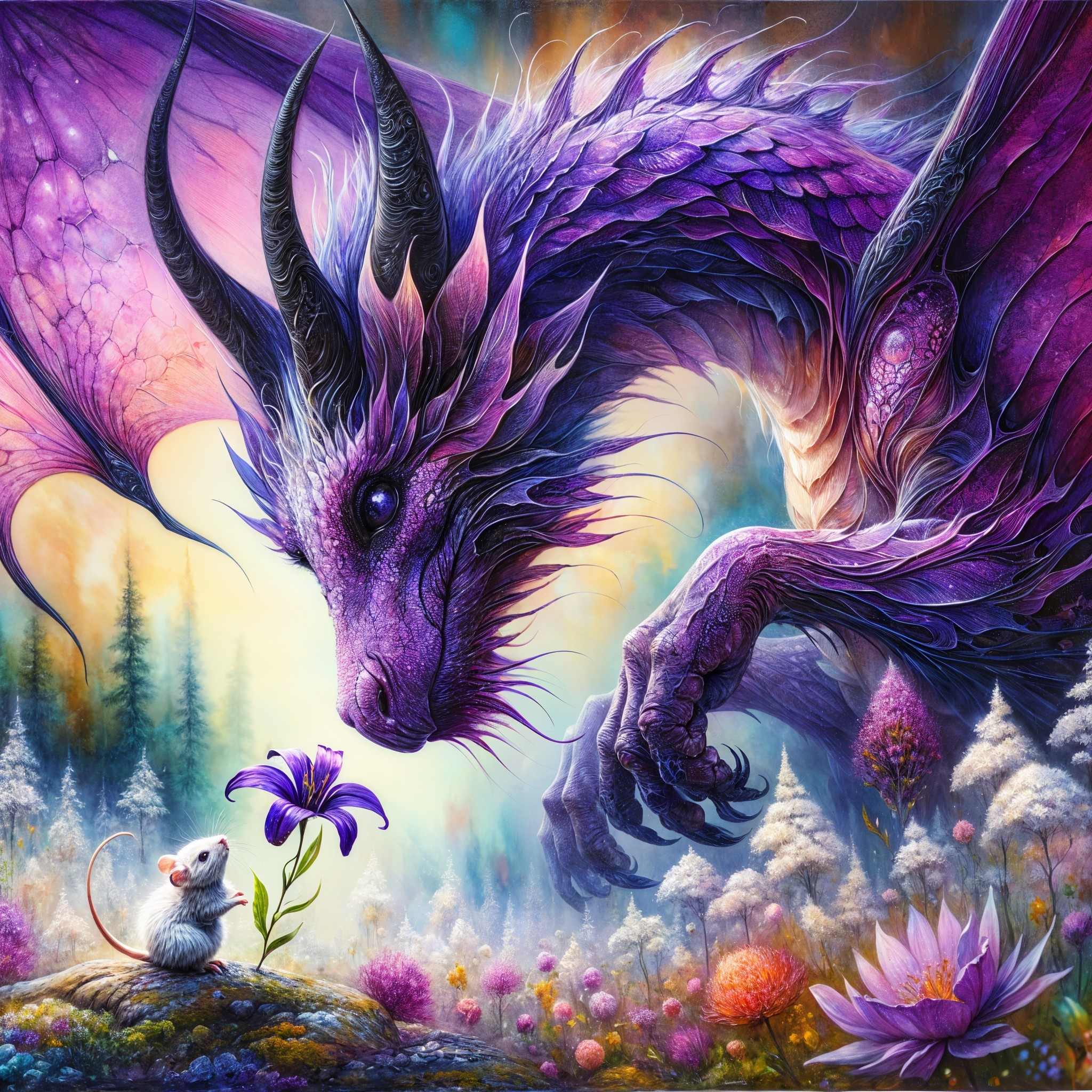 Purple Dragon and Mouse in a Fantasy Landscape
