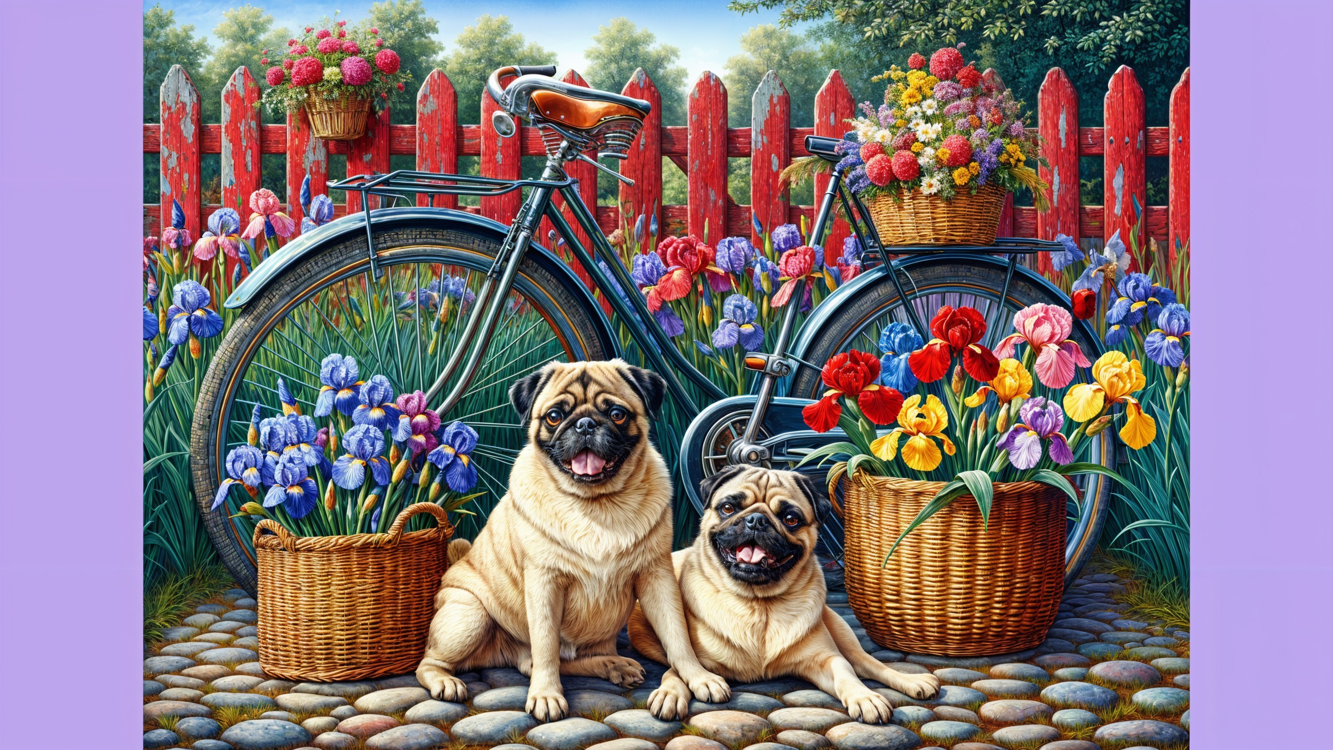 Playful Pugs by Bicycle in a Colorful Garden Scene