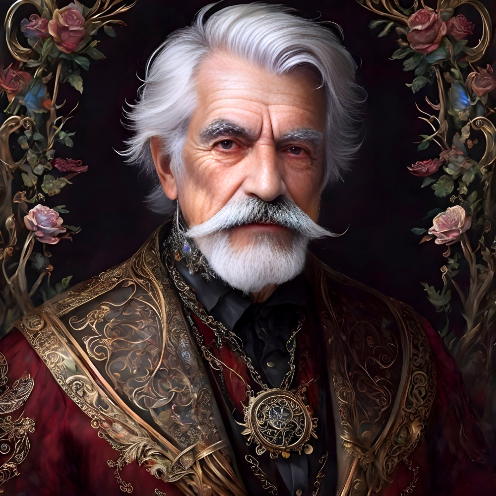 Elderly man in ornate red coat with white mustache