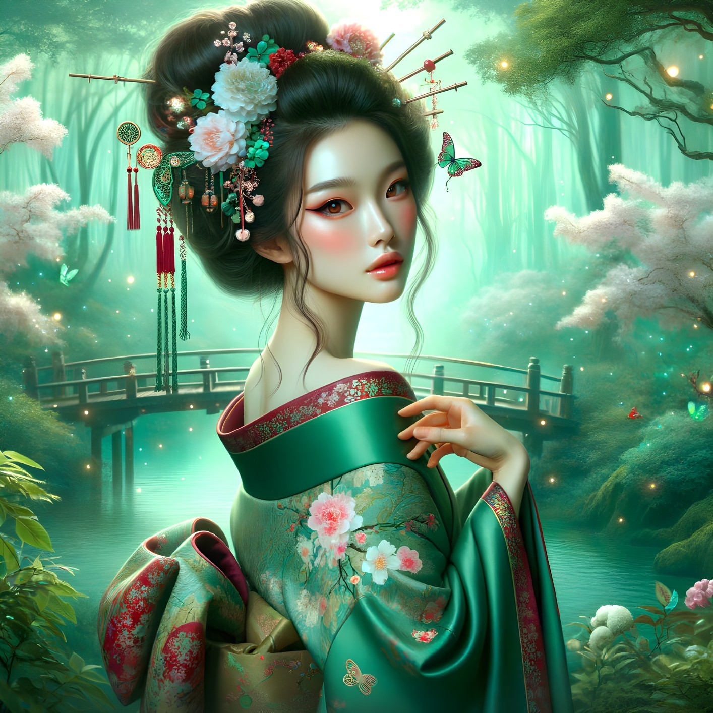 Serene Woman in Kimono in Enchanted Forest Setting