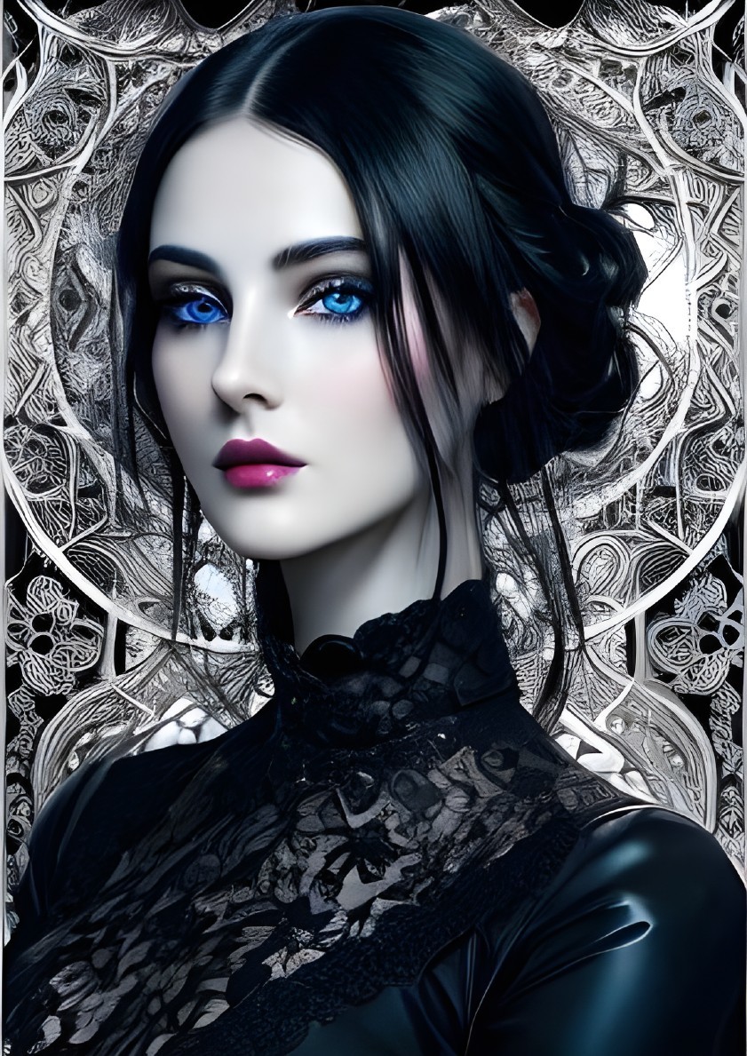 Ethereal Woman with Dark Hair and Lace Top in Surreal Setting