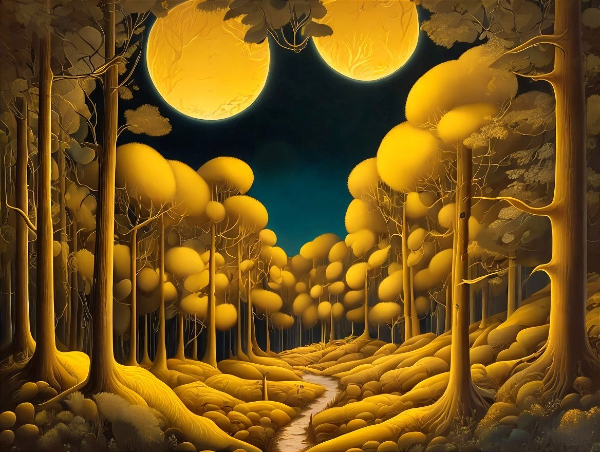 Ethereal forest with golden foliage under twin moons and winding path