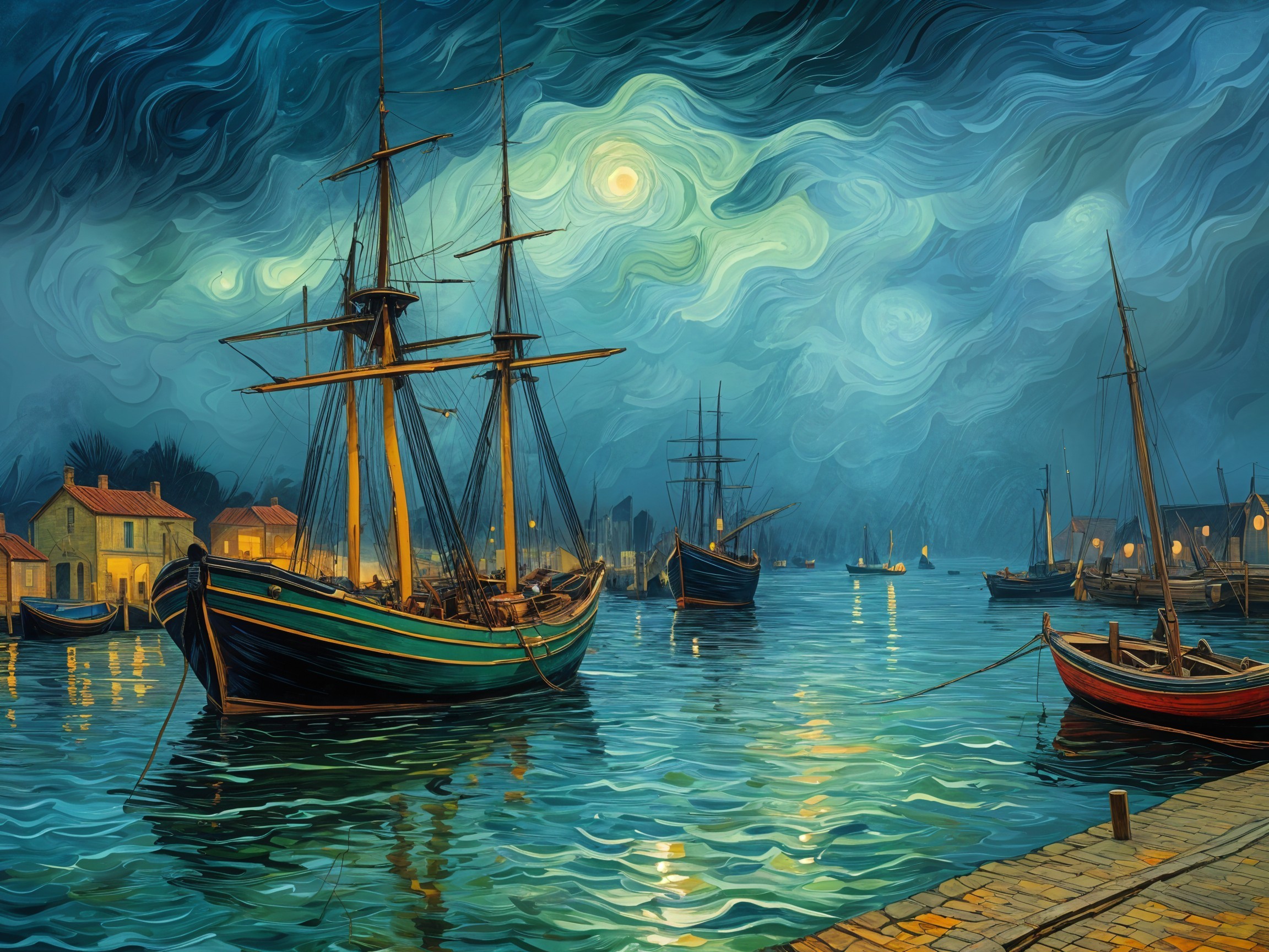 Serene Nighttime Harbor with Sailing Ships and Moonlight