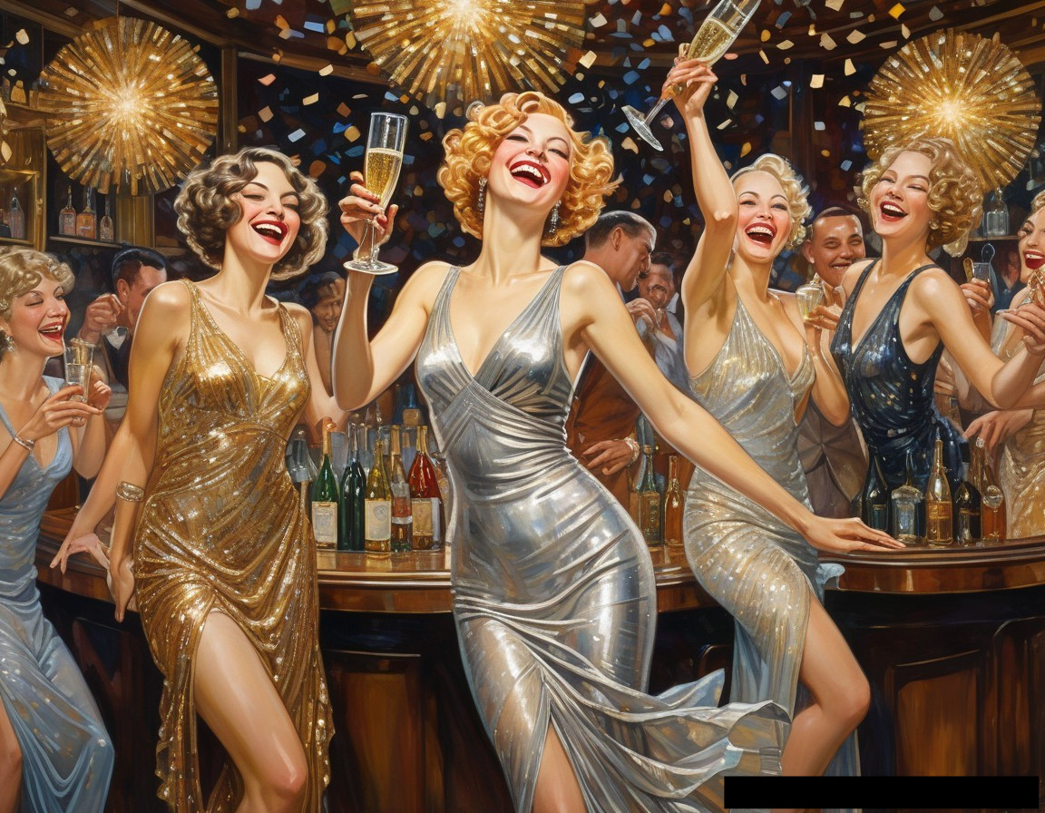 Glamorous women in party dresses raising champagne glasses at bustling bar