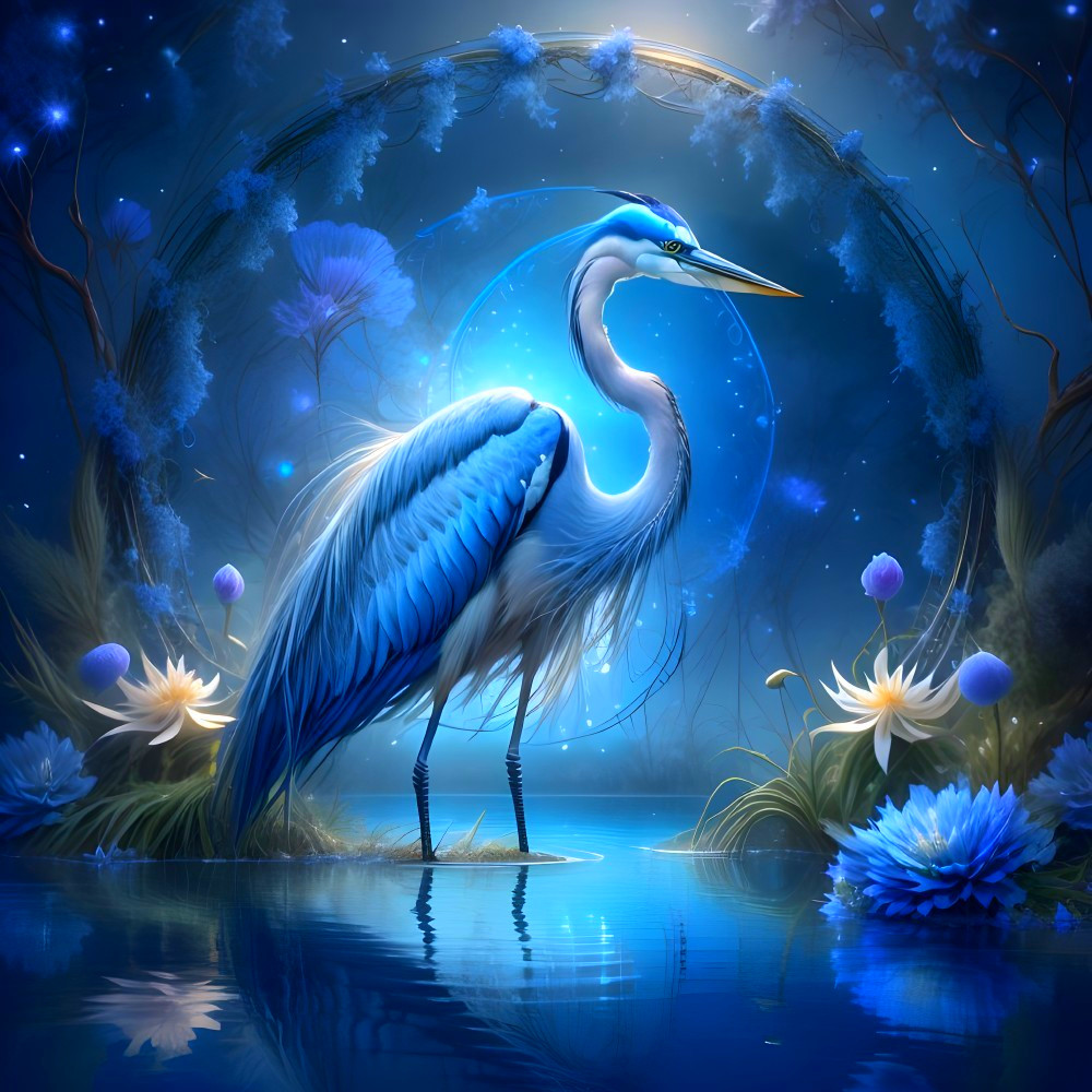 Blue Heron in a Moonlit Tranquil Landscape Scene