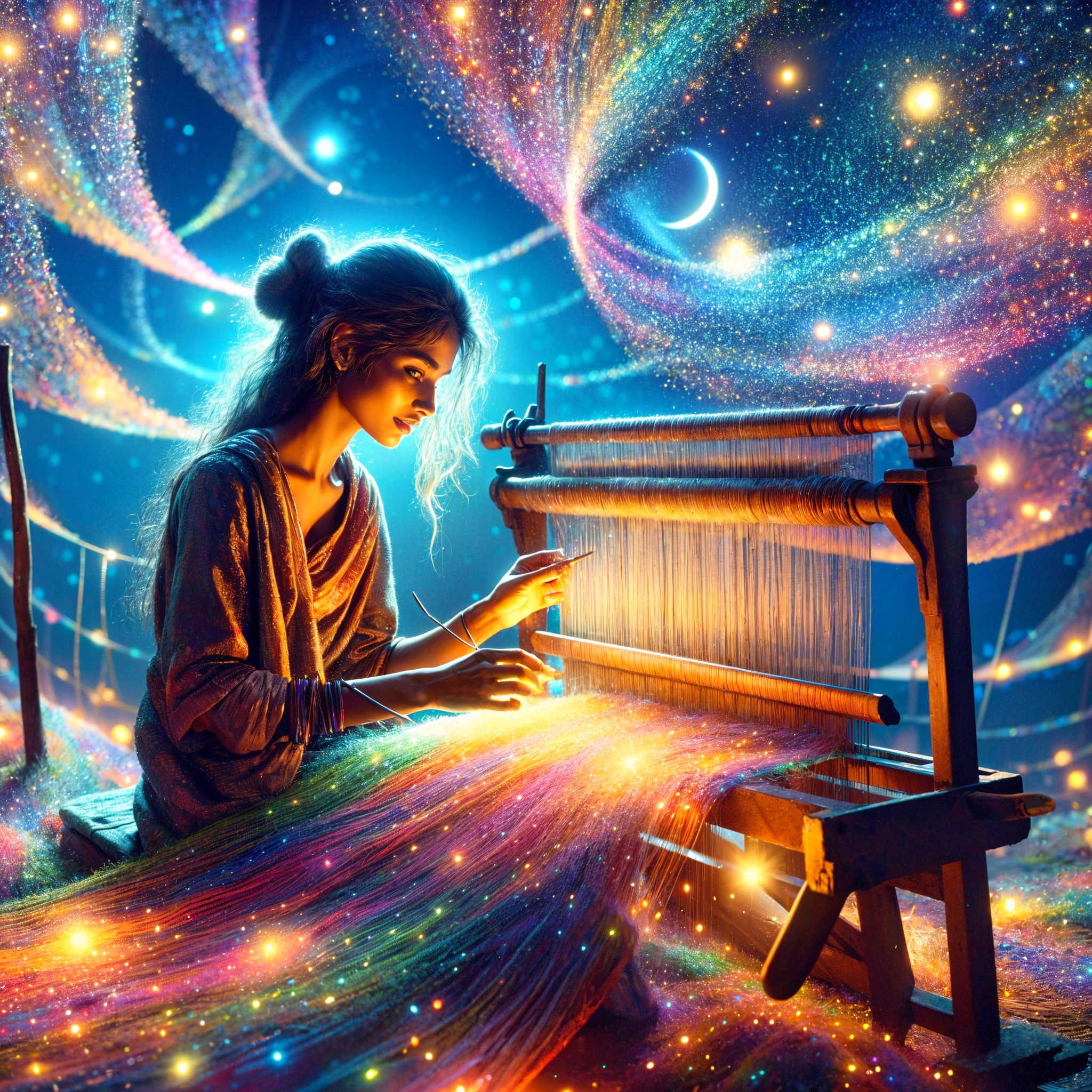 Young Woman Weaving Light at a Celestial Loom