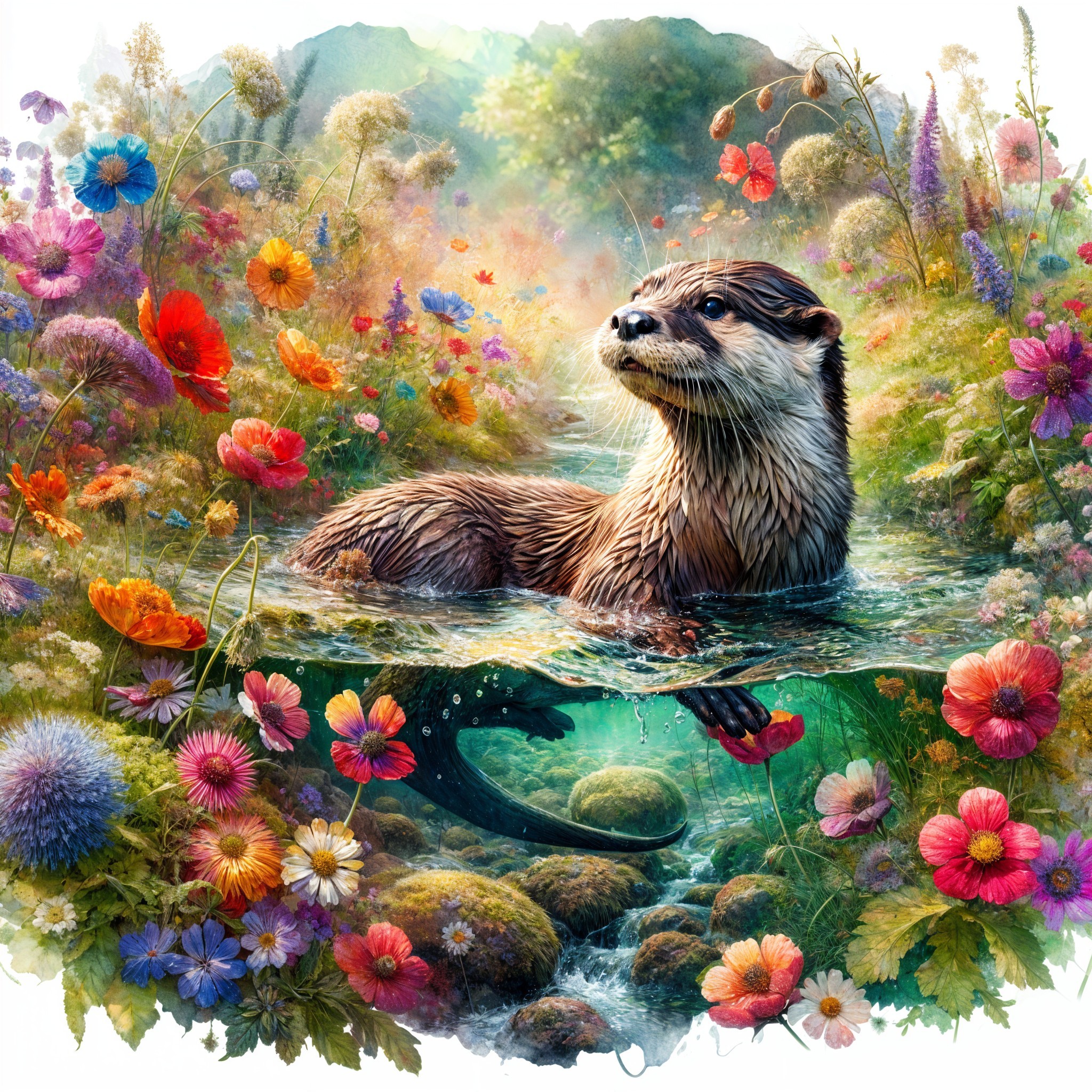 Otter Swimming in Clear Water Surrounded by Flowers