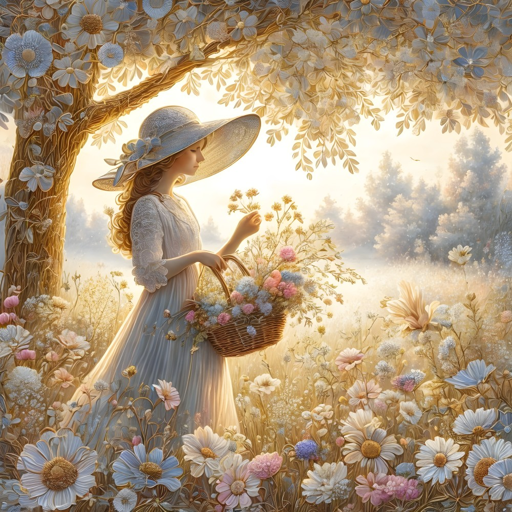 Young Woman in White Dress Picking Flowers in Meadow