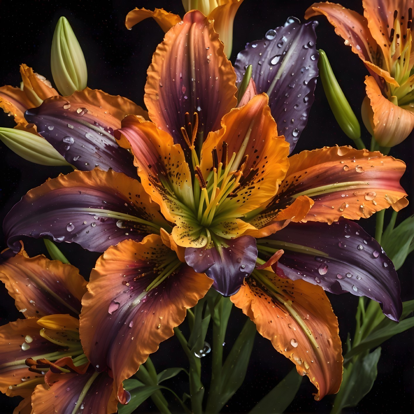 Vibrant Orange and Purple Lilies with Water Droplets