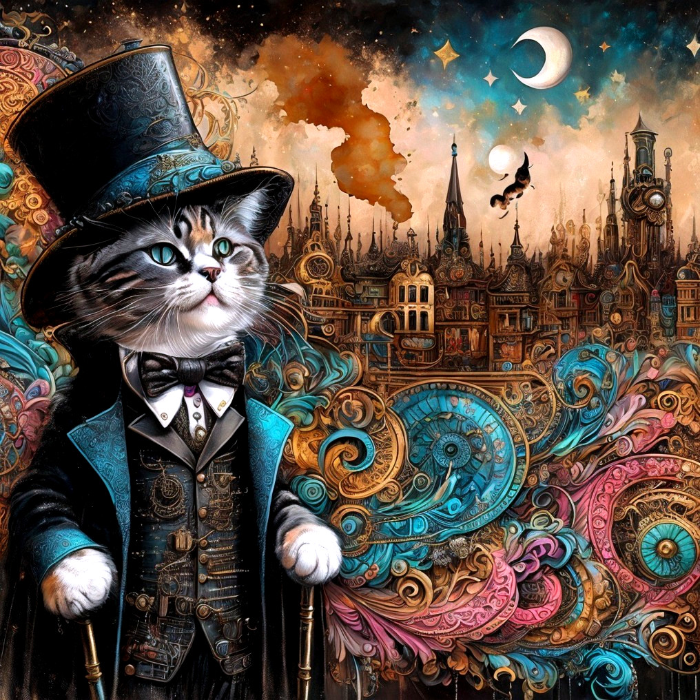 Dapper Cat in Formal Attire Against Steampunk Cityscape