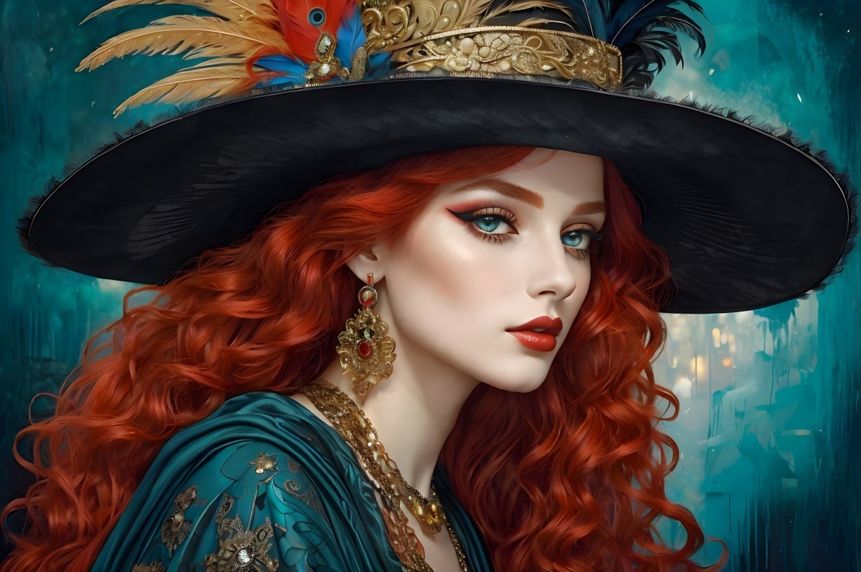 Fierce Redhead in Feathered Hat