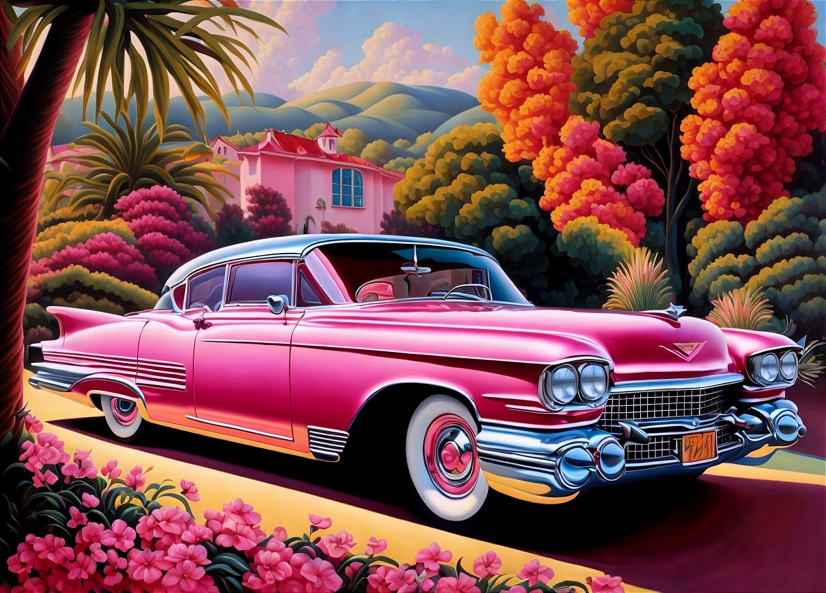 Vibrant Pink Cadillac on Scenic Flower-Lined Road