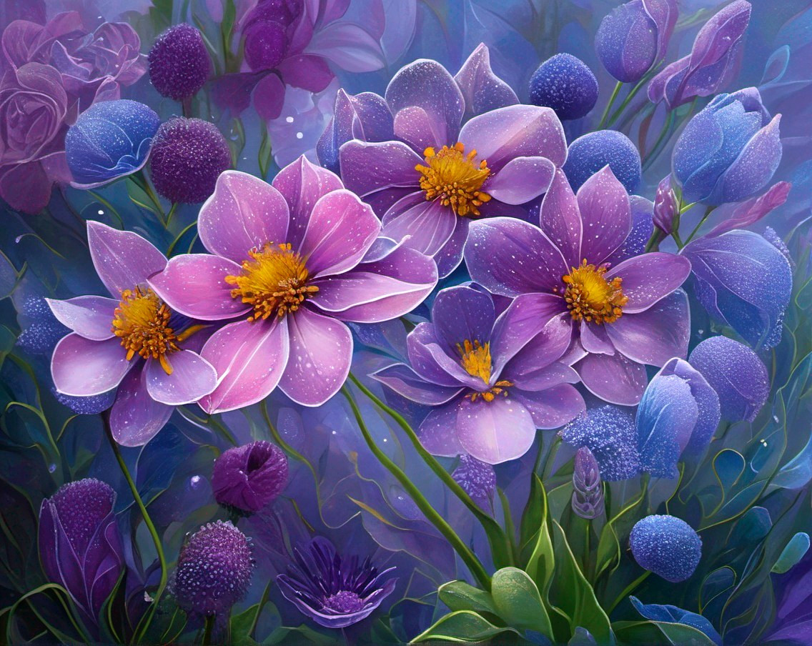 Vibrant Floral Composition with Purple and Yellow Flowers